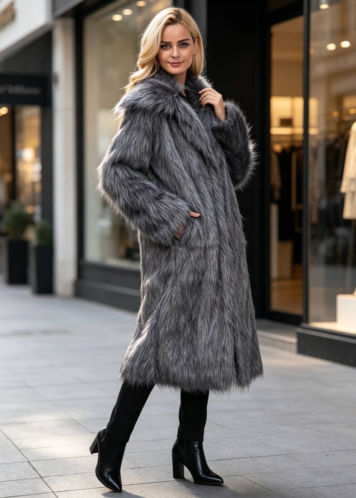 Street style shot of a blonde model standing with hands in coat pockets wearing a fluffy grey longline faux fur coat with wide lapels.