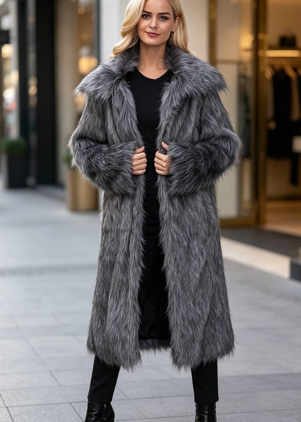 Medium front portrait of a model holding the lapels of an open dark grey plush faux fur maxi coat.