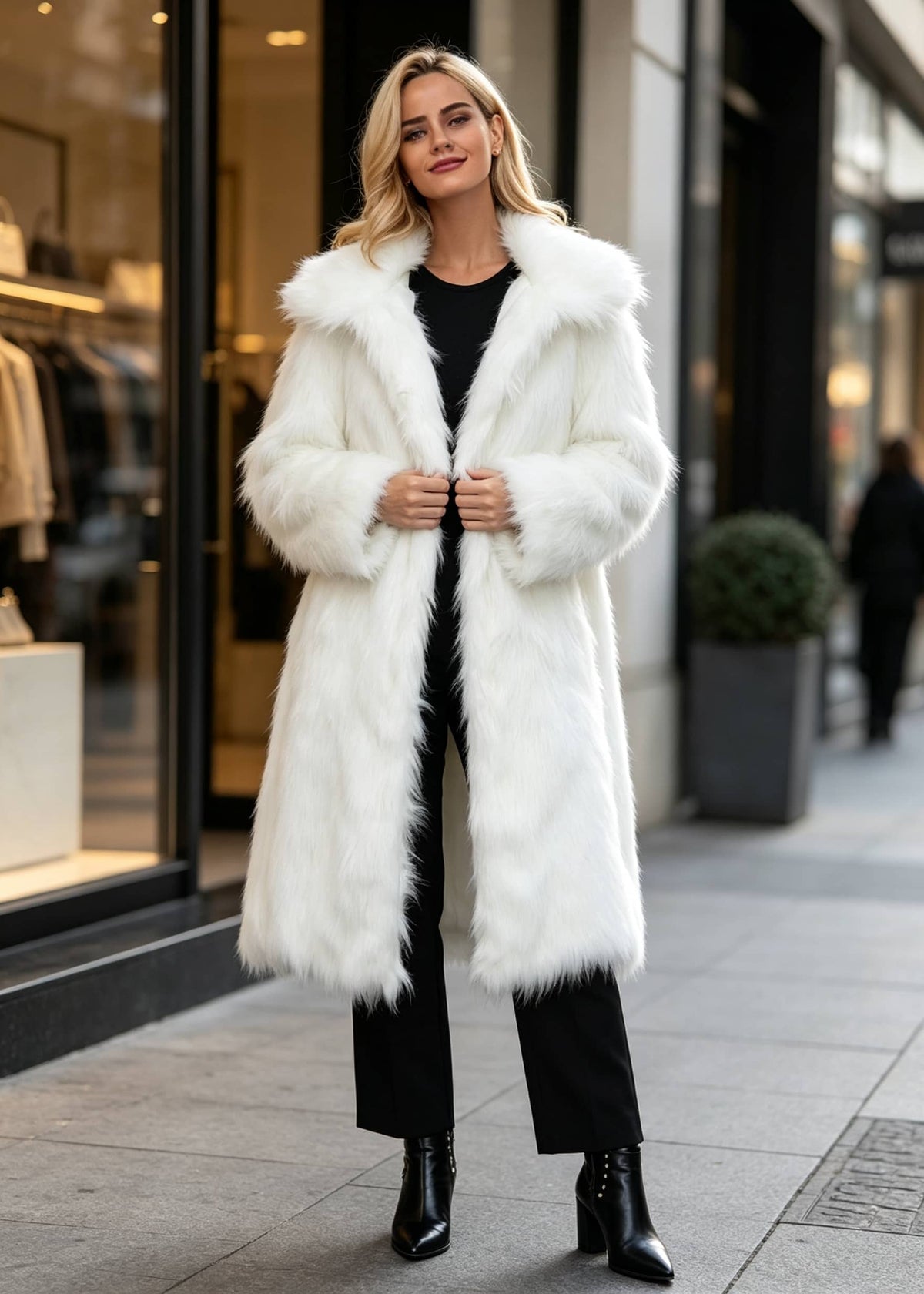 Front view of an elegant model wearing a white winter long faux fur notch-collar coat paired with black trousers and heeled boots.