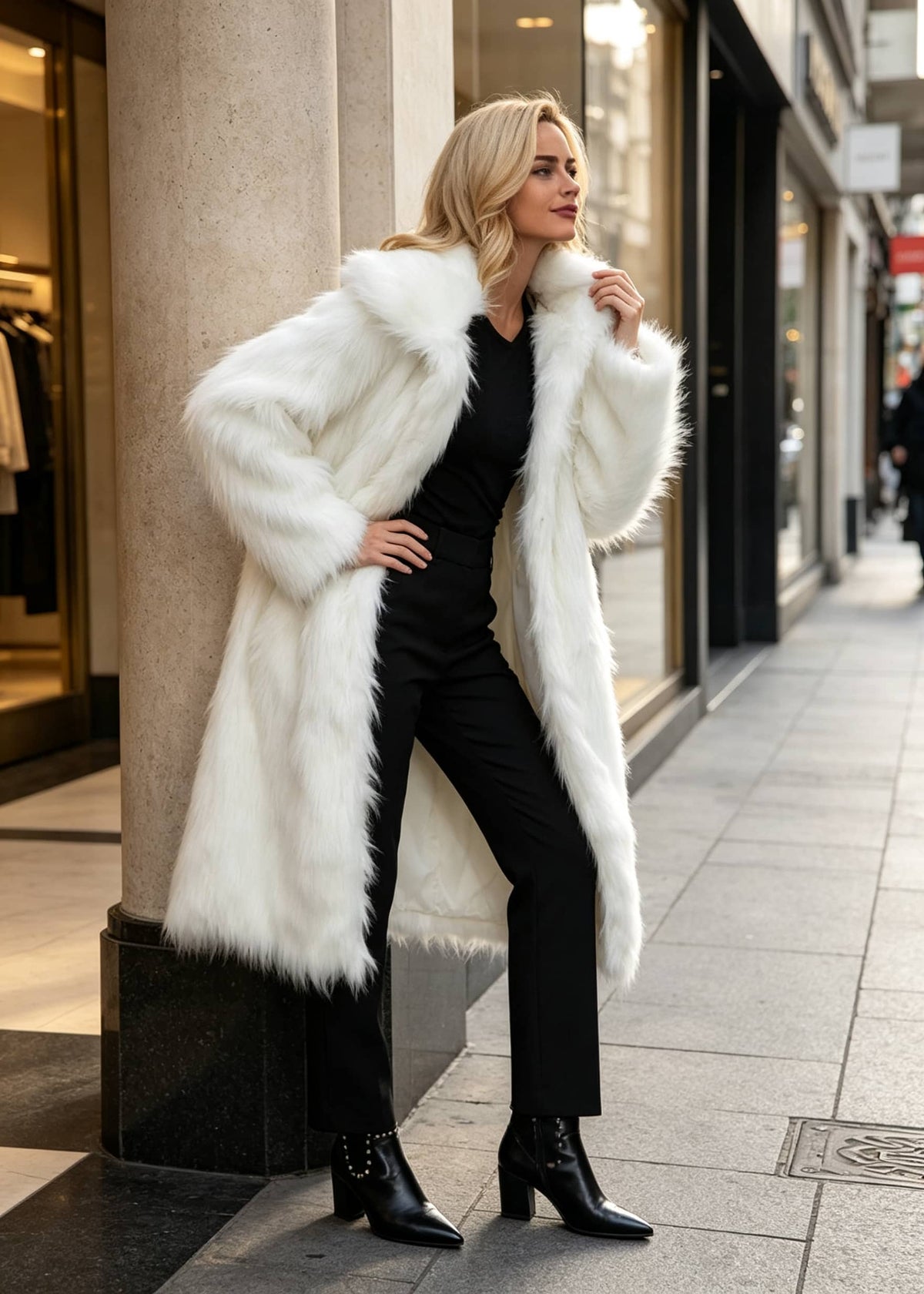 Fashion model leaning against a boutique pillar modeling an oversized white long faux fur coat styled with a black top and trousers.