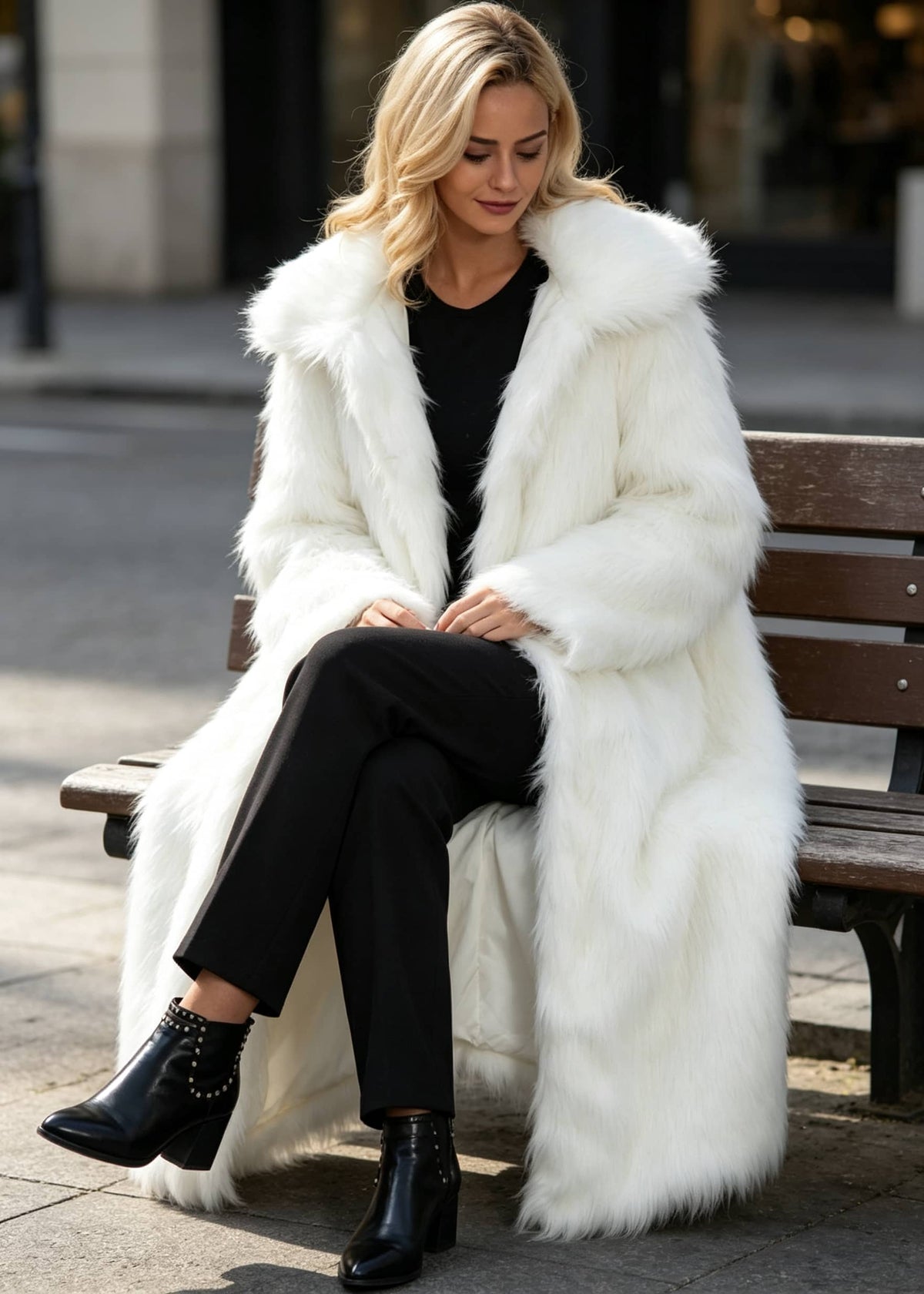 Woman seated on a wooden outdoor bench wearing a luxurious full-length white faux fur coat over black cropped pants and studded ankle boots.