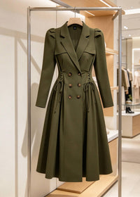 An olive green double-breasted midi trench coat with a tie waist and structured shoulders, displayed on a hanger inside a modern boutique clothing rack.