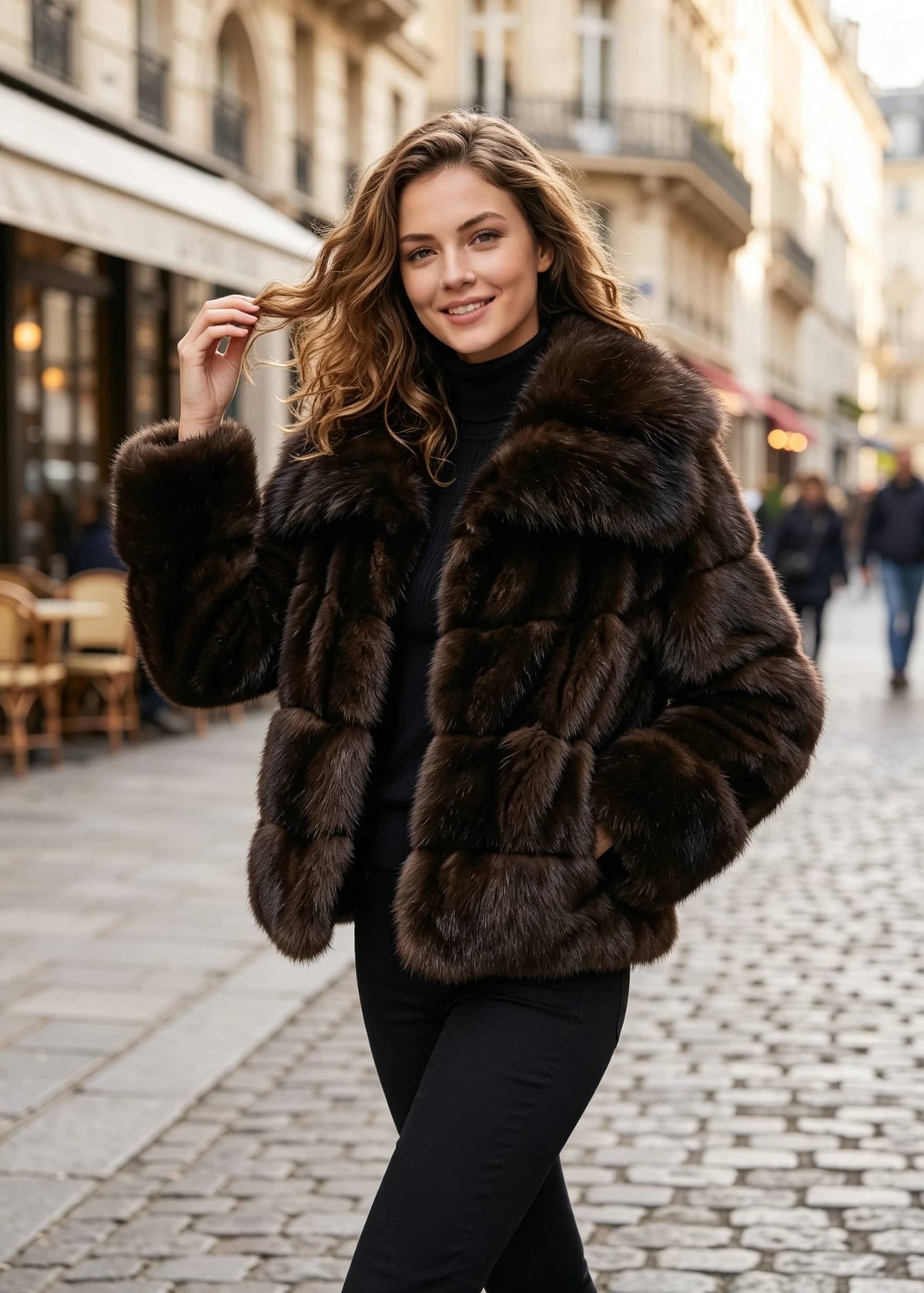 Outdoor fashion view of a woman playing with her hair while wearing an espresso brown oversized collar paneled faux fur cropped jacket
