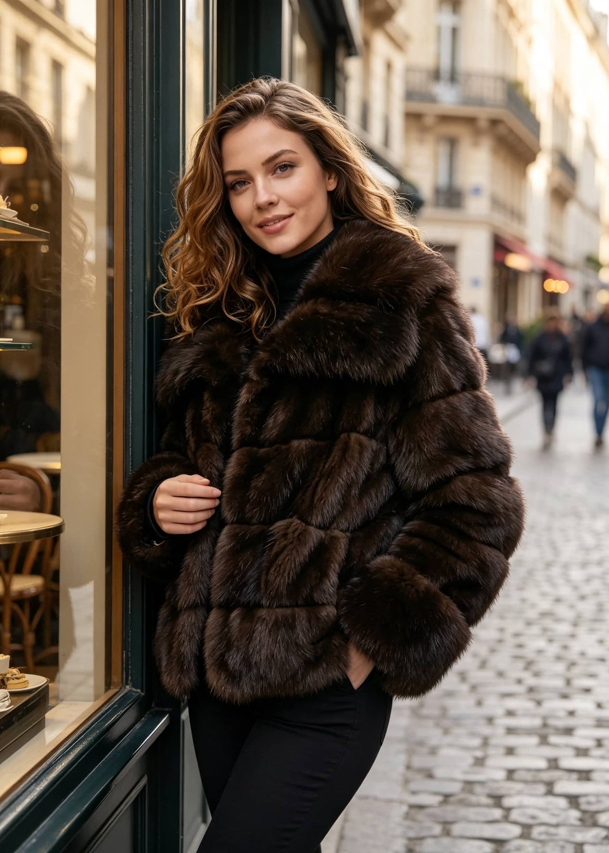 Outdoor shopfront portrait of a woman standing by a cafe window wearing a warm brown paneled faux fur cropped jacket