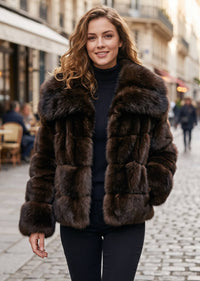 Front-facing portrait of a woman modeling a plush brown tiered faux fur car coat with a wide wing collar on a sunny street