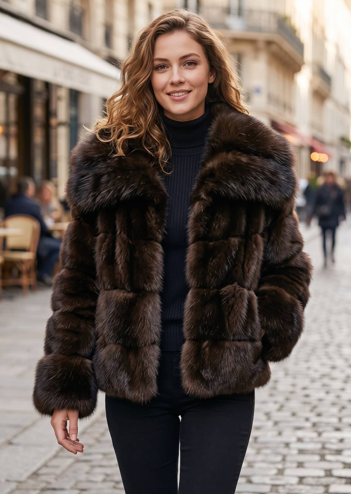 Front-facing portrait of a woman modeling a plush brown tiered faux fur car coat with a wide wing collar on a sunny street