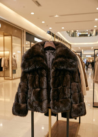 Retail showroom display showing a women's luxury espresso brown paneled cropped faux fur jacket on a clothing rack