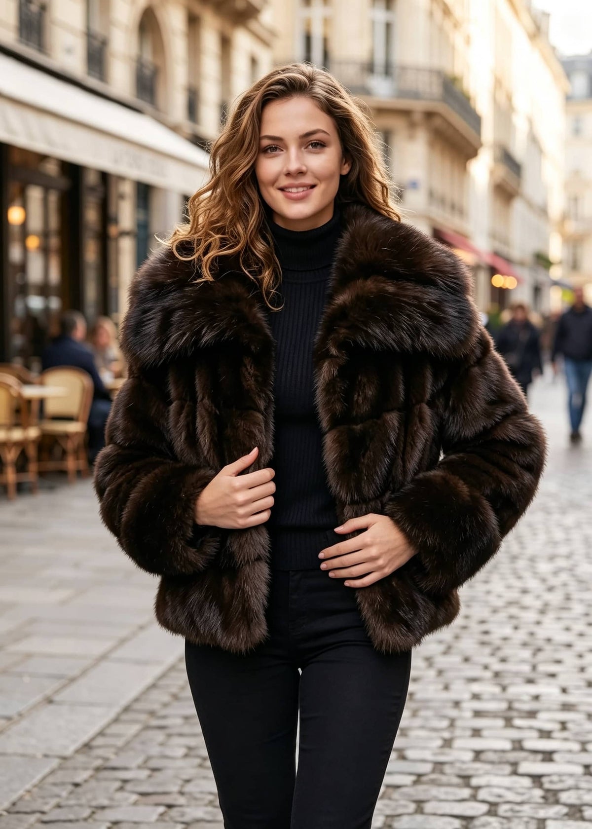 Front-facing street style shot of a woman holding lapels of an espresso brown quilted paneled faux fur cropped jacket