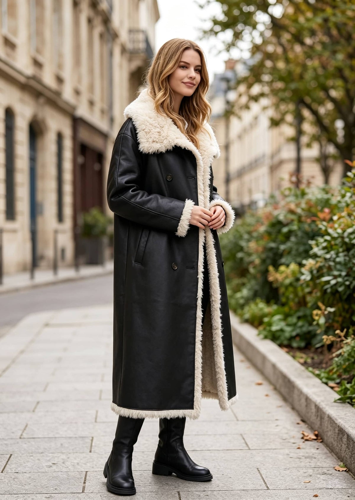 Three-quarter side angle of a woman wearing a black leather and shearling double-breasted longline winter coat.