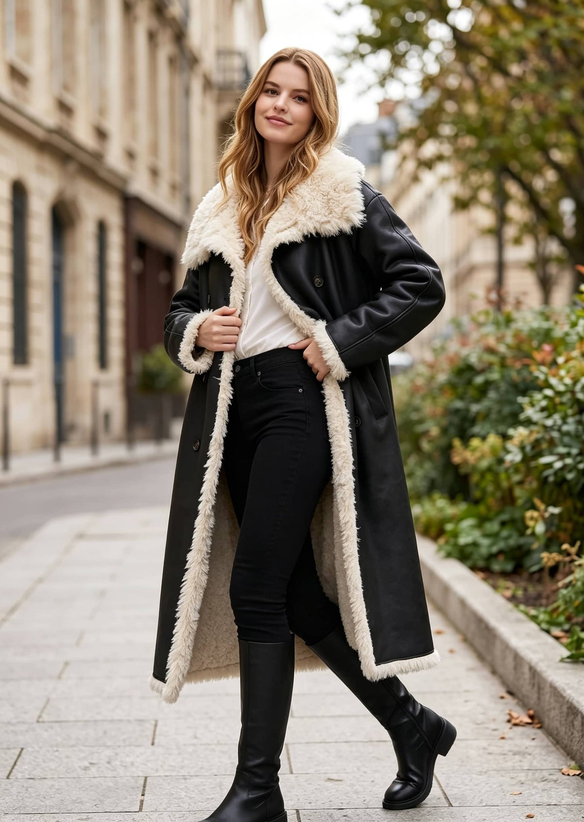 Outdoor street style of a woman posing in an open double-breasted black faux leather longline coat lined with plush cream shearling.