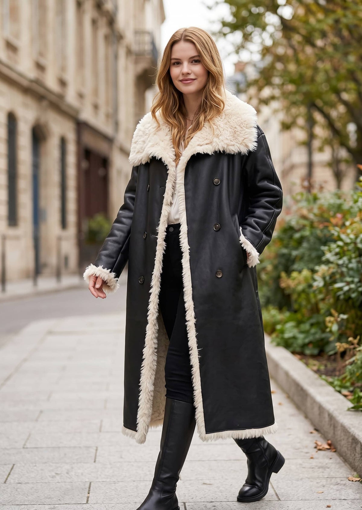 Full-length front shot of a woman wearing an open black faux shearling leather longline winter coat.