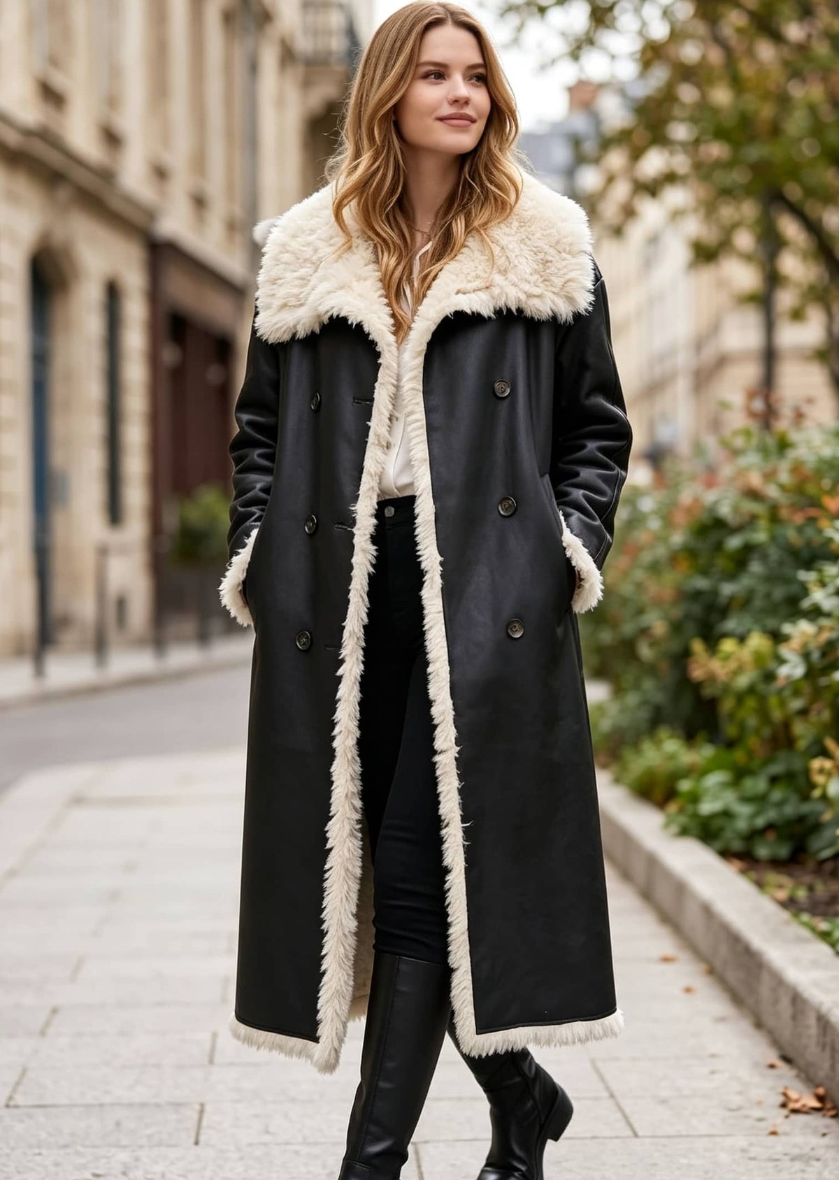 Model wearing a double-breasted black faux leather coat with plush shearling lapel collar and trim, hands in pockets.