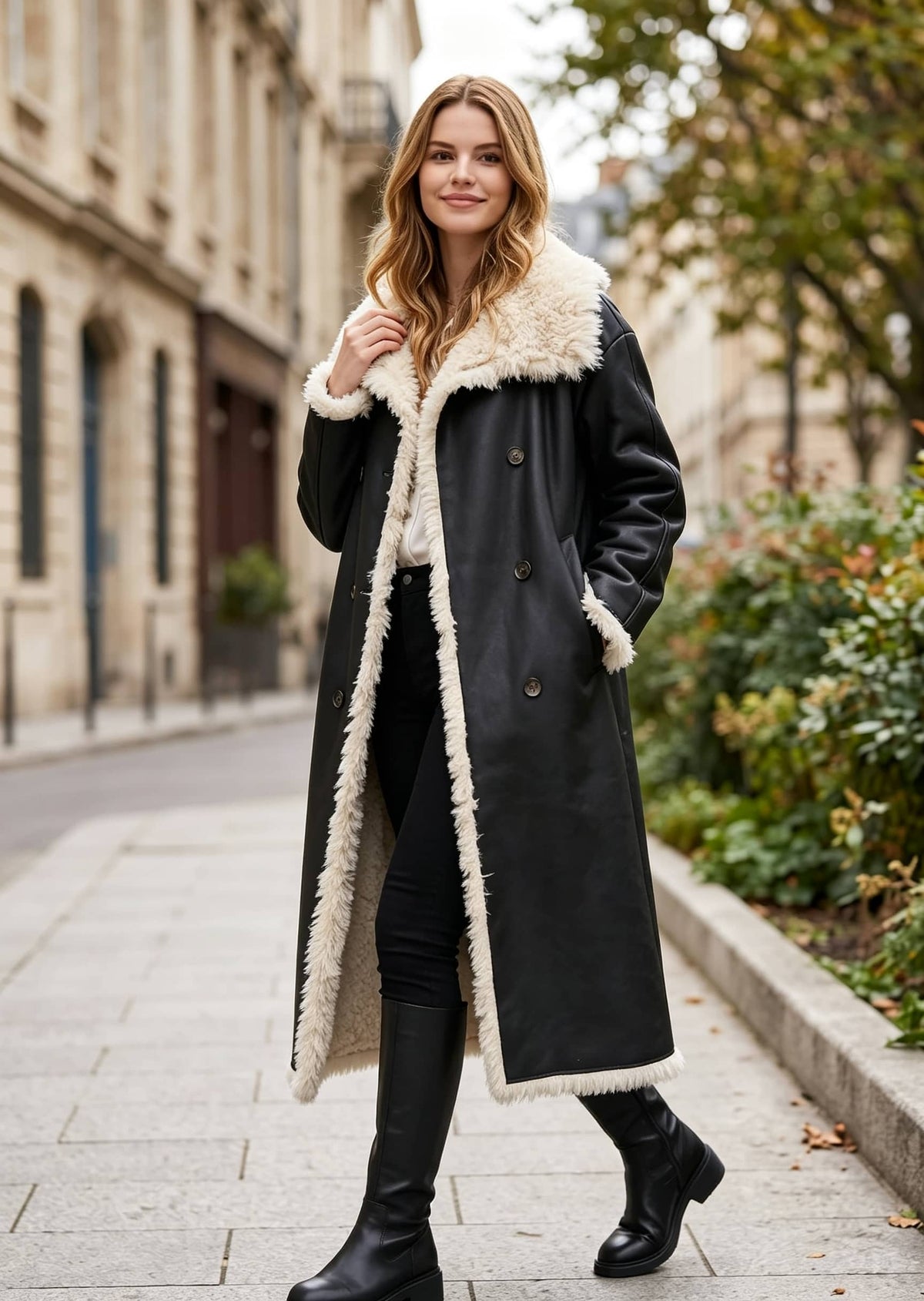 Street style shot of a woman modeling a longline double-breasted faux shearling leather coat with black tall boots.