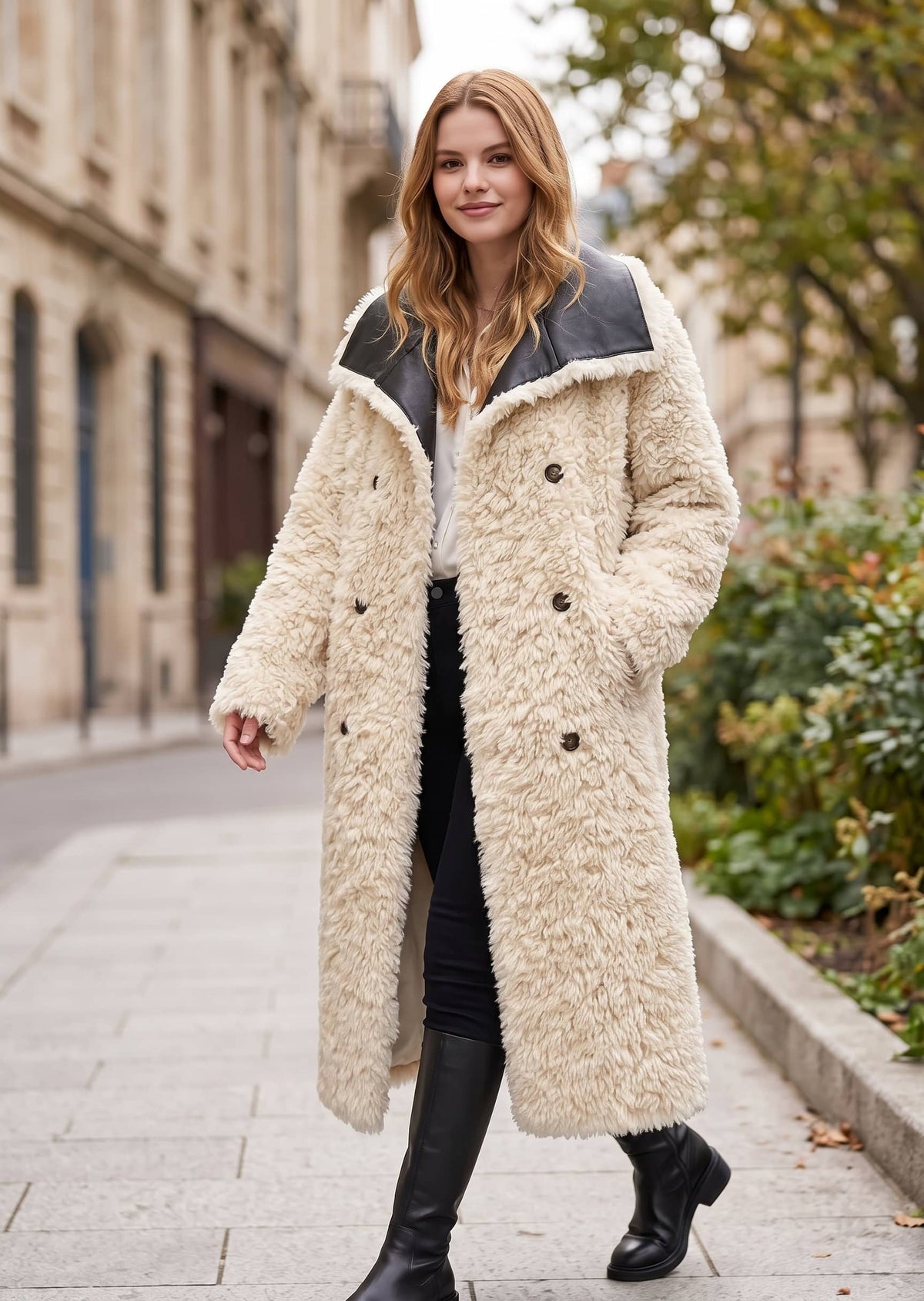 Reversible styling showing the coat worn with the cream faux shearling fleece exterior and leather turn-down collar.