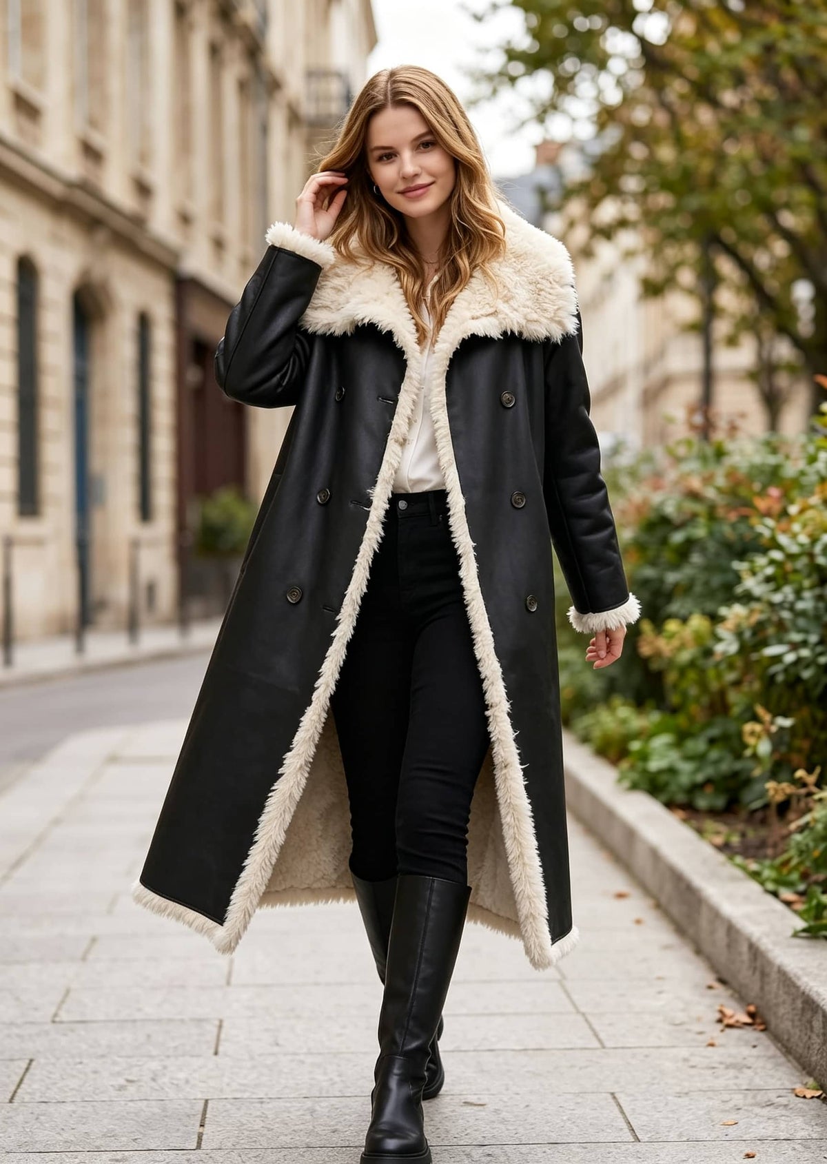 Model walking outdoors wearing an unbuttoned black leather longline coat lined with cozy faux shearling.
