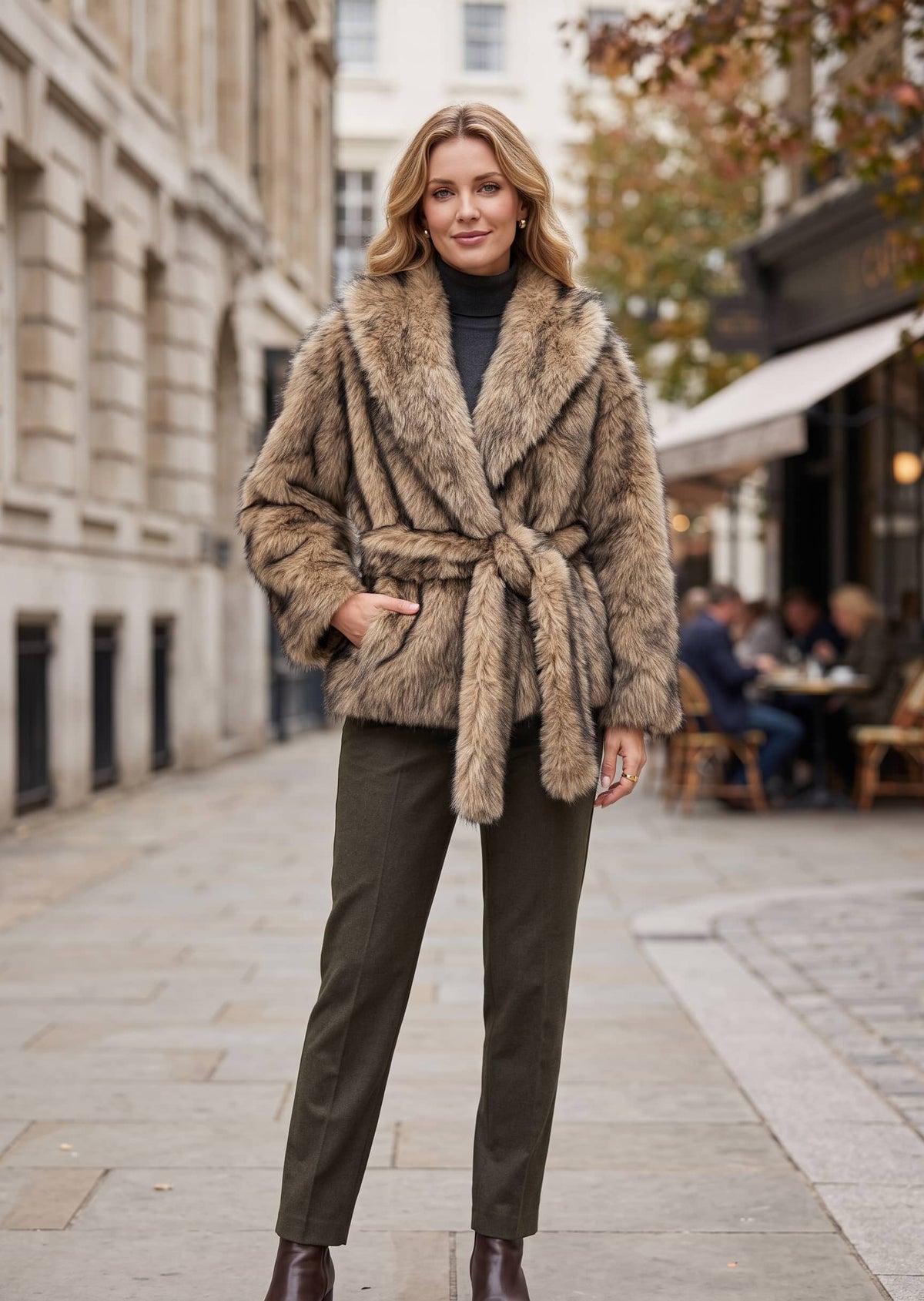 Full-length shot of a woman modeling a belted caramel faux fur wrap coat with straight-leg pants on a city street