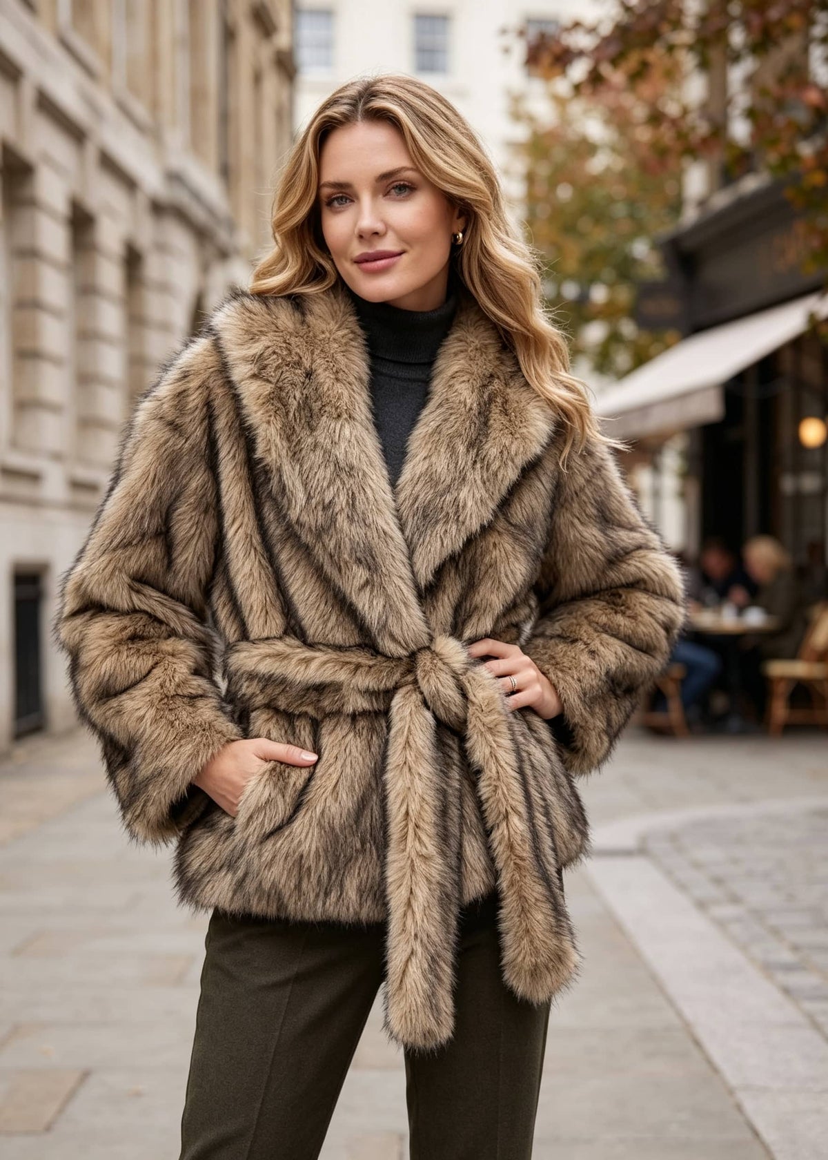 Front view of a woman wearing a camel brown belted faux fur wrap jacket featuring a wide shawl collar