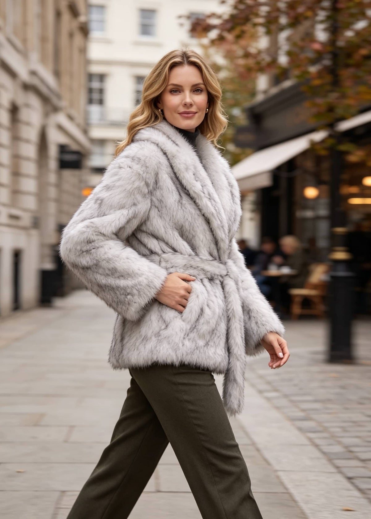 Side profile of a woman walking in an elegant pale gray faux fur wrap jacket with a tied waist belt