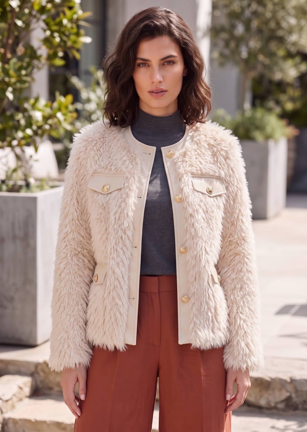 A woman wearing a cream faux fur jacket with gold buttons, styled over a dark gray mock neck top and rust-colored trousers, standing outdoors in front of a blurred building background.