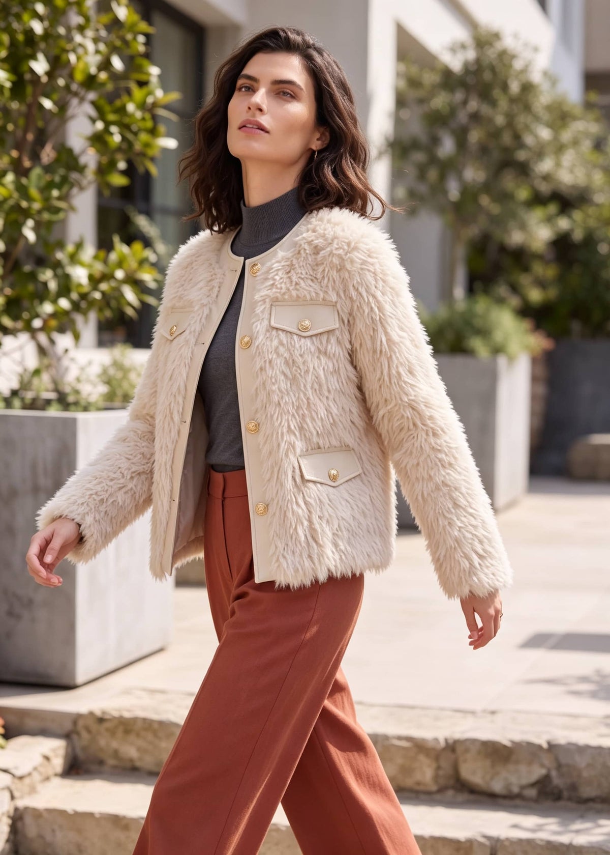 A woman walking outdoors wearing a cream faux-fur cropped jacket with gold-tone buttons and flap pockets over a dark gray top and rust-brown wide-leg pants.