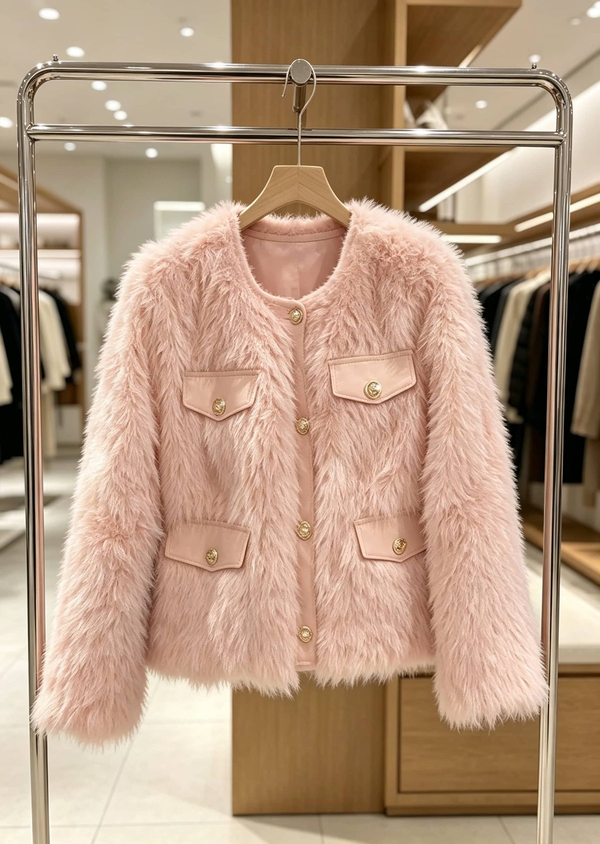 A light pink faux fur jacket with gold-tone buttons and flap pockets, hanging on a wooden hanger on a metal clothing rack inside a boutique.