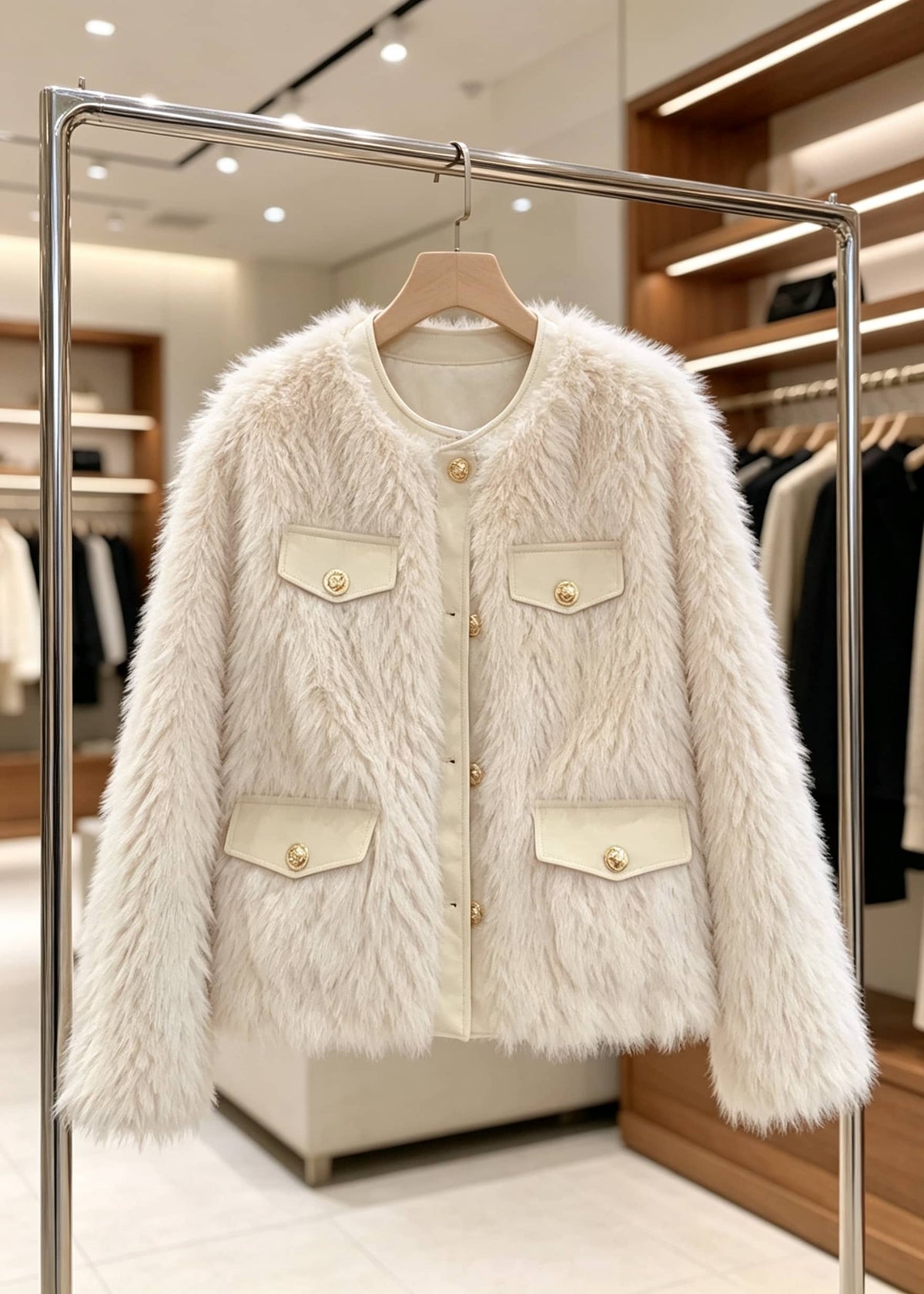 A cream faux fur jacket with beige panels and gold buttons, hanging on a clothing rack inside a boutique.