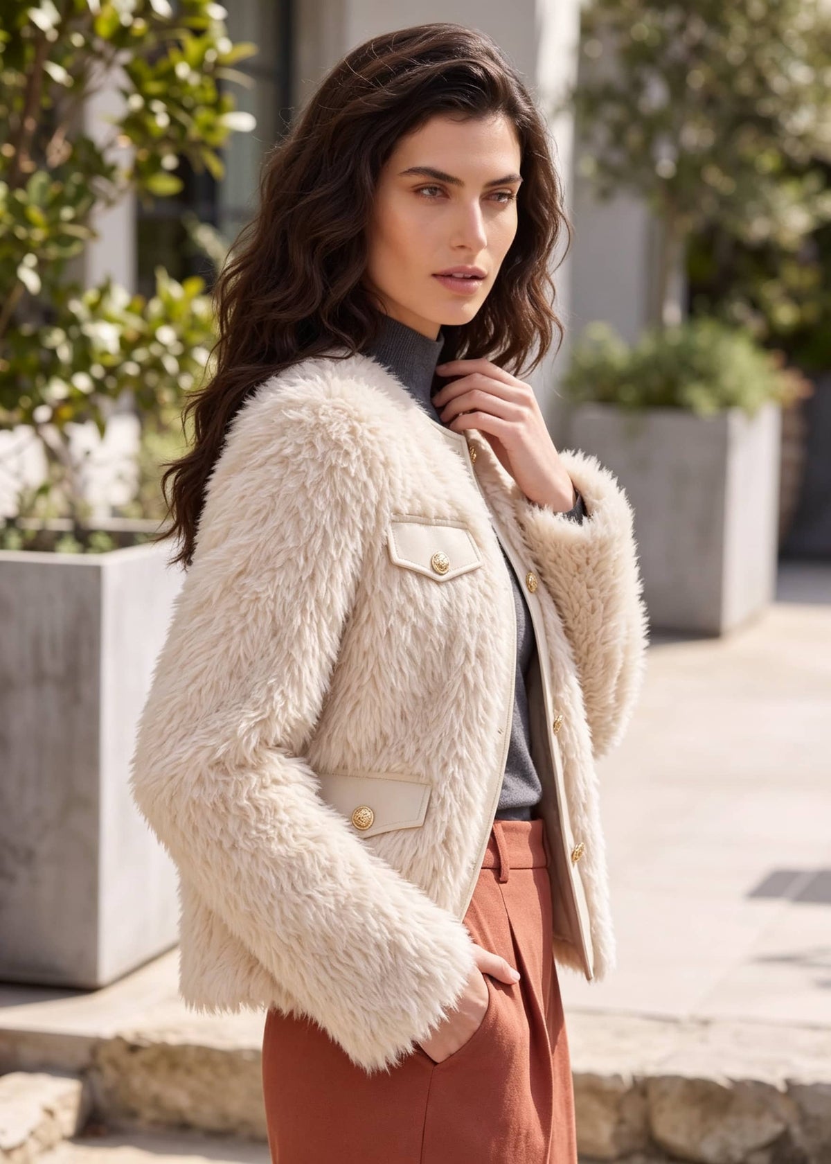 A woman wearing a fluffy cream faux-fur jacket with gold-tone buttons over a dark gray turtleneck and rust-brown trousers, standing outdoors in front of modern planters.