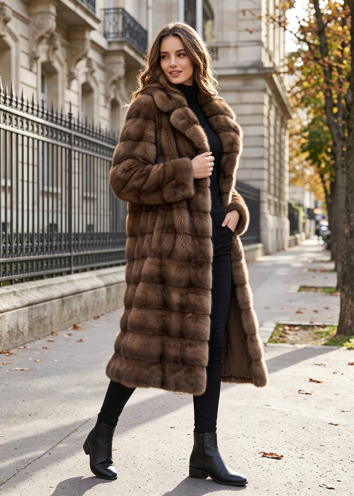 Outdoor full-length view of a woman walking on the sidewalk in an open brown tiered wing collar faux fur long coat with black ankle boots