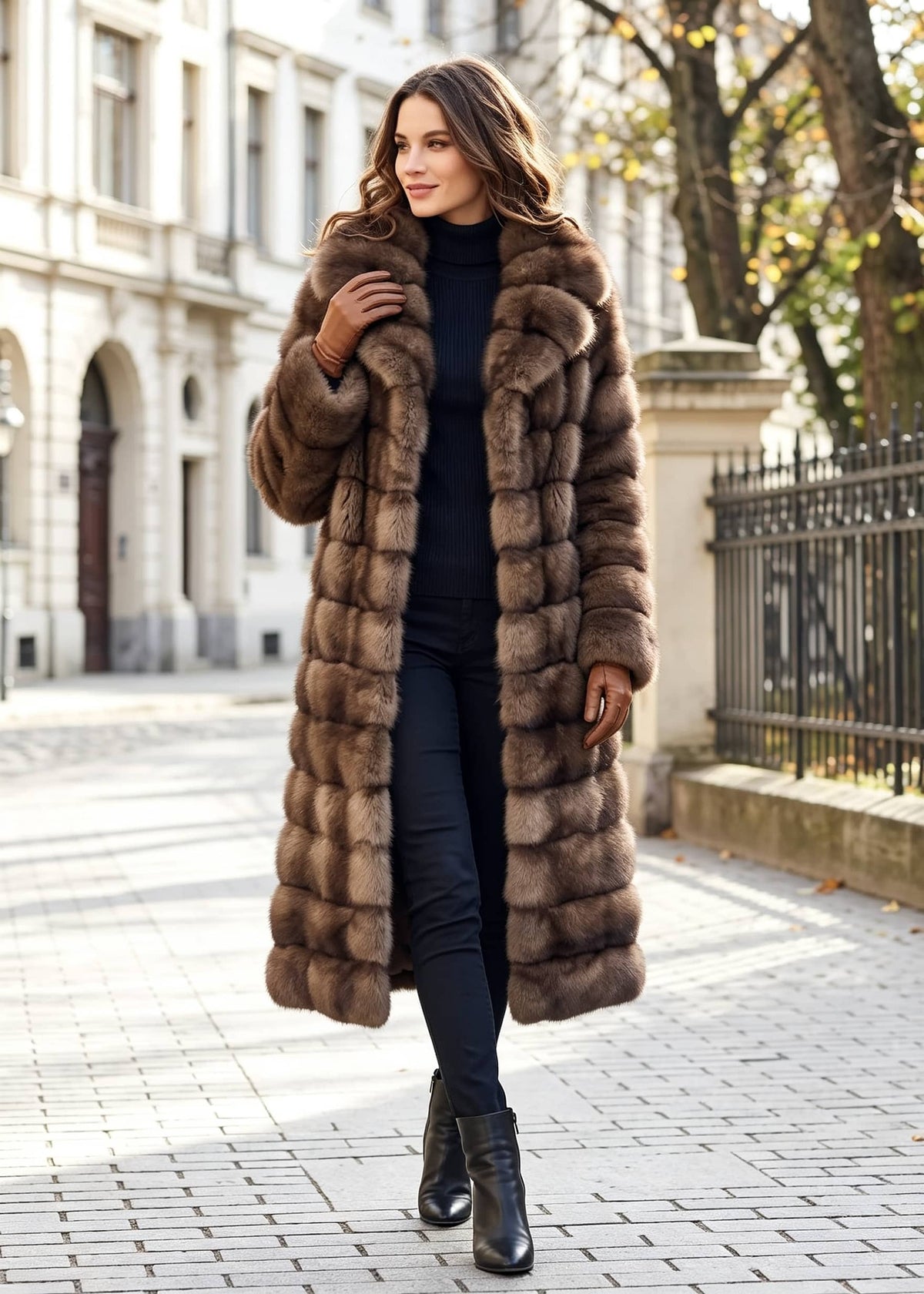 Outdoor fashion street view of a woman wearing an open front brown horizontal tiered long faux fur coat with brown gloves