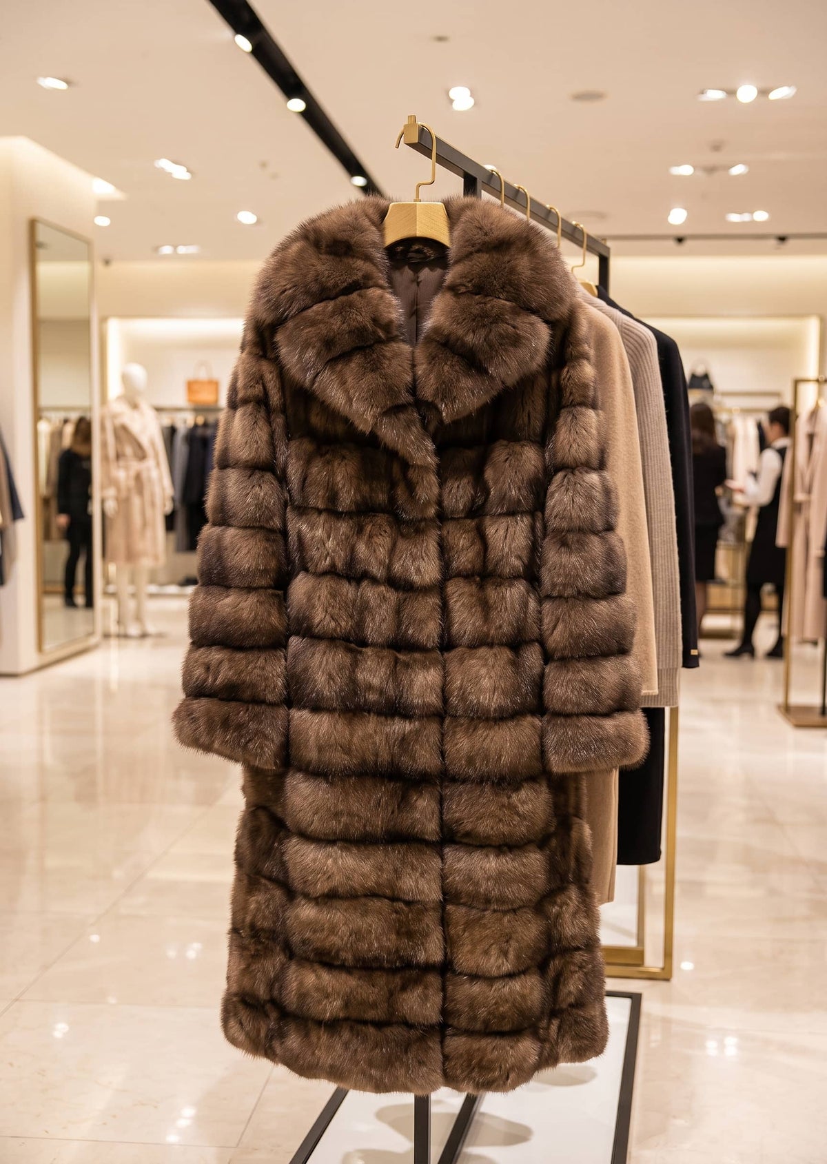 Studio retail hanger display of a women's luxury brown tiered wing collar faux fur long coat on a rack
