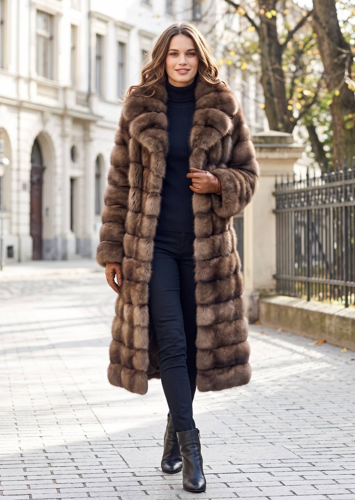 Full-length standing pose of a model wearing a plush brown tiered faux fur maxi coat with large wing collar and black ankle boots
