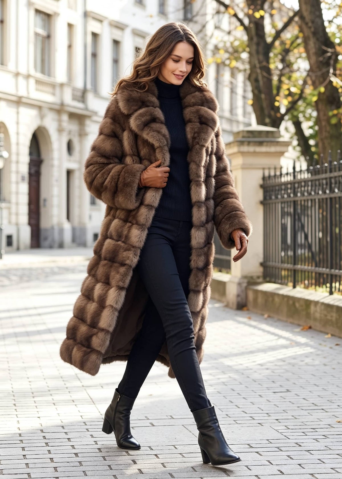 Side profile walking street look of a woman styling a warm brown tiered wing collar faux fur overcoat with black slim pants