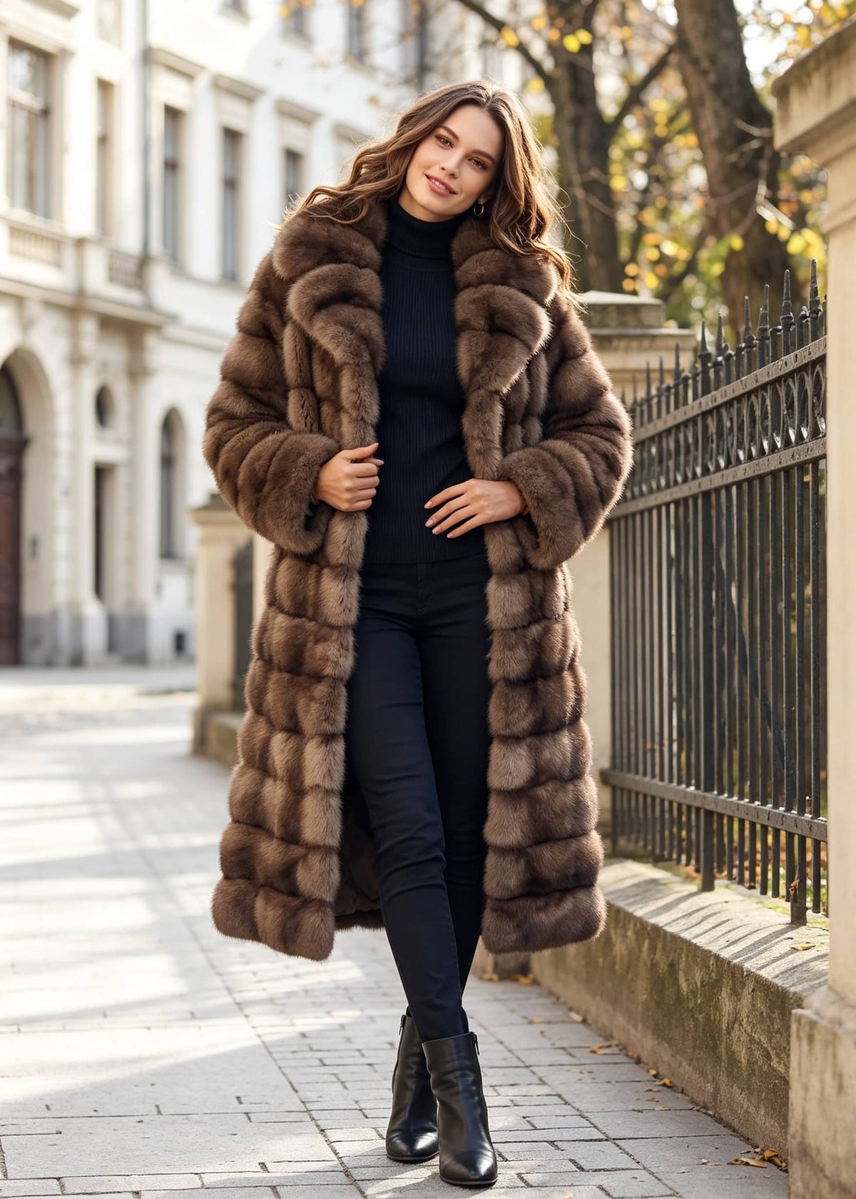 Front view of a woman holding lapels wearing a luxury brown tiered wing collar faux fur winter coat
