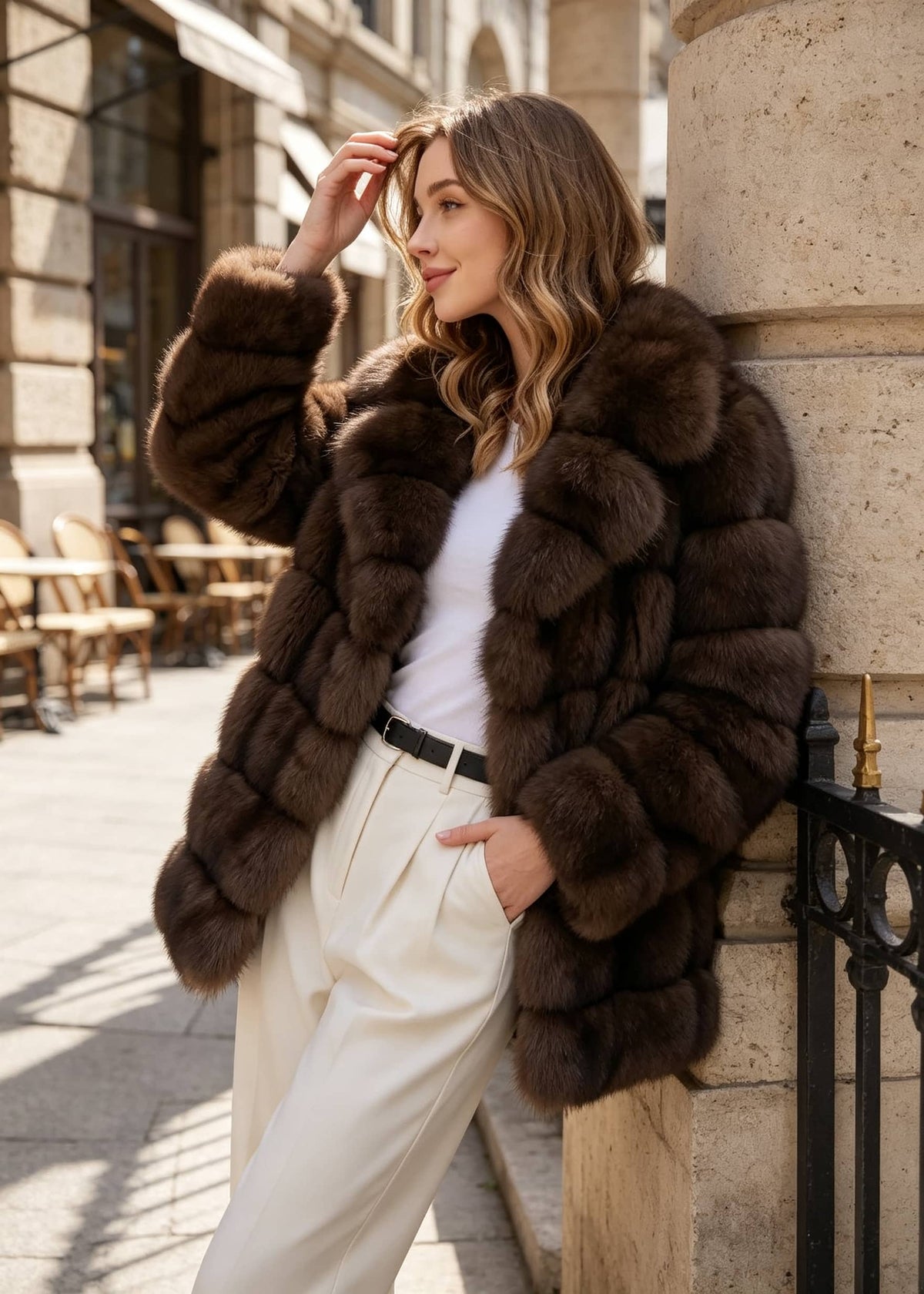 Outdoor side pose of a blonde woman leaning against a railing wearing a sable brown tiered wing-collar faux fur coat and white trousers