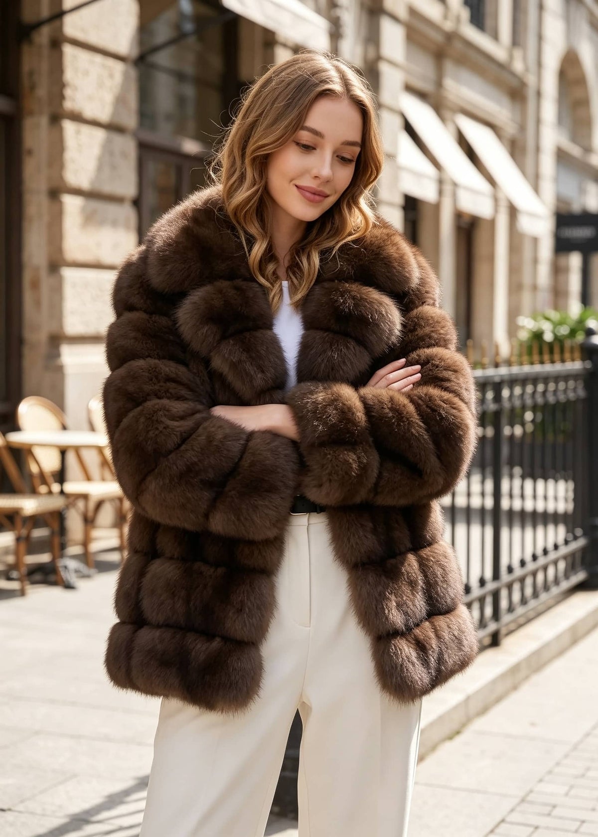 A woman wearing a luxurious dark brown fur coat with chunky, oversized patches, styled over a white top and cream-colored trousers, standing on a city sidewalk.