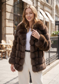 Smiling woman posing outdoors touching the lapel of a rich brown tiered panel faux fur winter coat