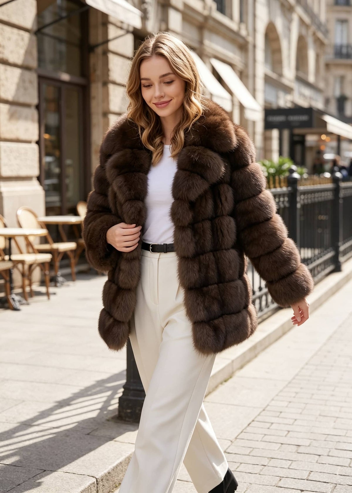 Tiered Wing Collar Brown Faux Fur Coat