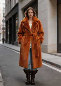 Full-length front view of a model wearing a rust brown velvety belted faux rabbit fur long coat paired with blue jeans and dark brown boots on a city street.