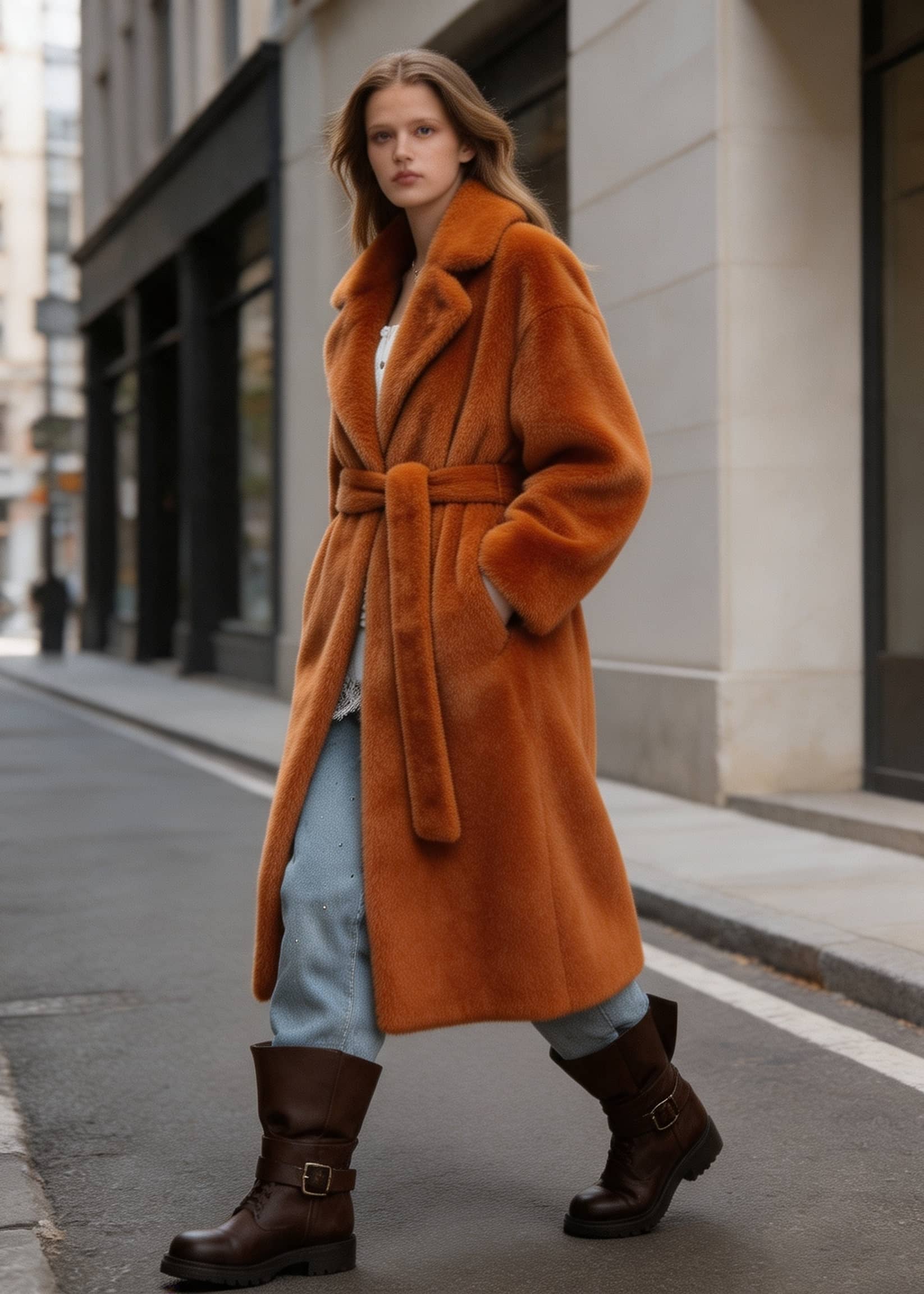  Side profile shot of a blonde model striding forward in a long rust orange faux fur wrap coat with a tied waist belt.
