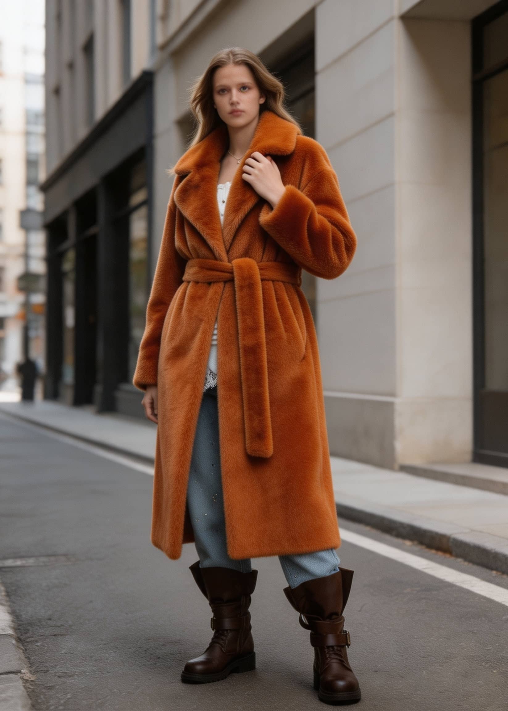 Three-quarter angle pose of a woman wearing a luxury rust orange belted faux fur overcoat touching her collar.