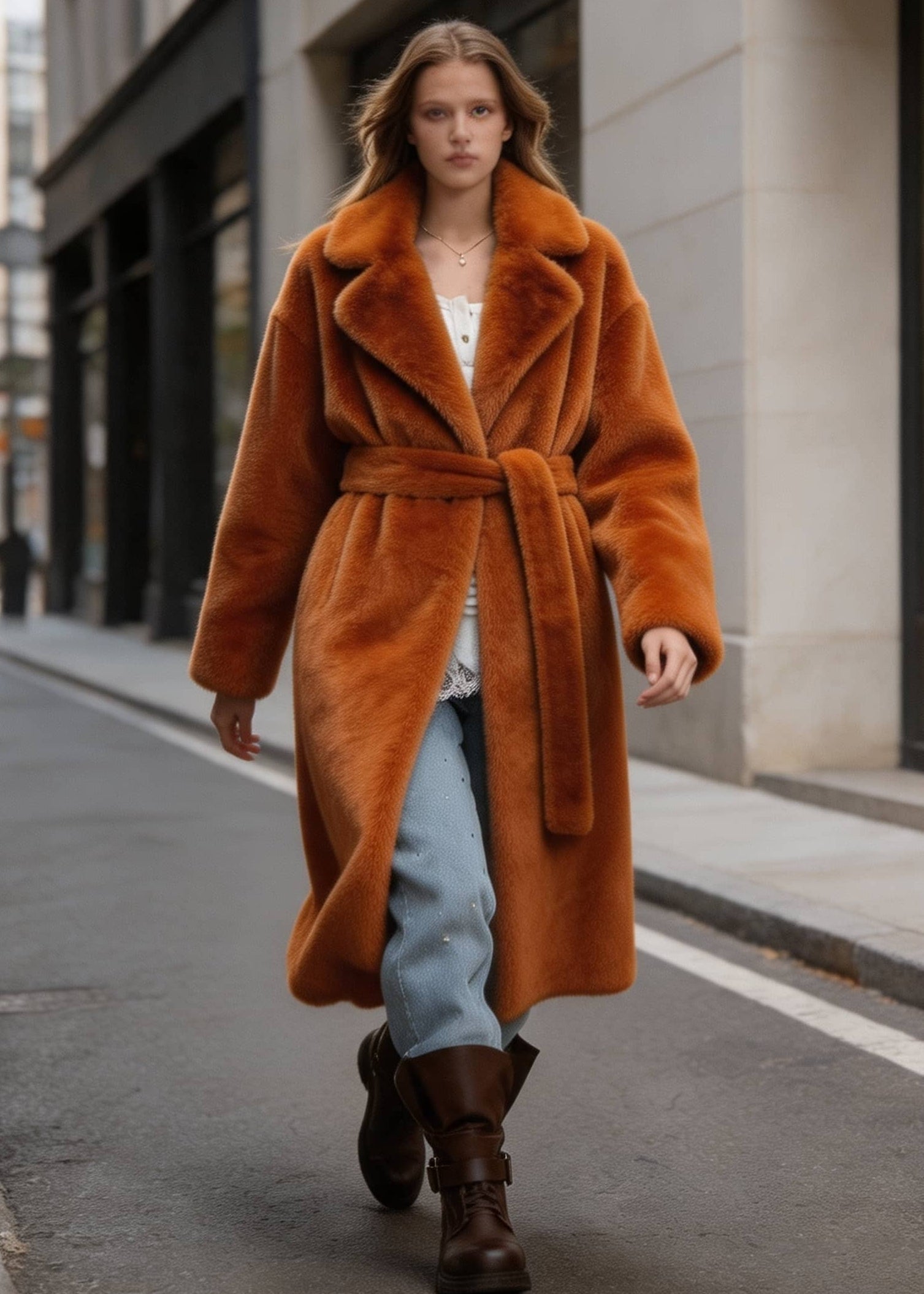 Full-body view of a model walking towards the camera in a stylish rust faux fur long trench coat.