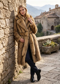Blonde woman leaning against a stone wall wearing a warm camel faux fur wrap coat with folded lapels and black leather ankle boots.