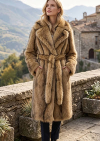 Front view of a blonde model outdoors wearing a tawny camel longline faux fur wrap coat with wide notch lapels and a self-tie belt.