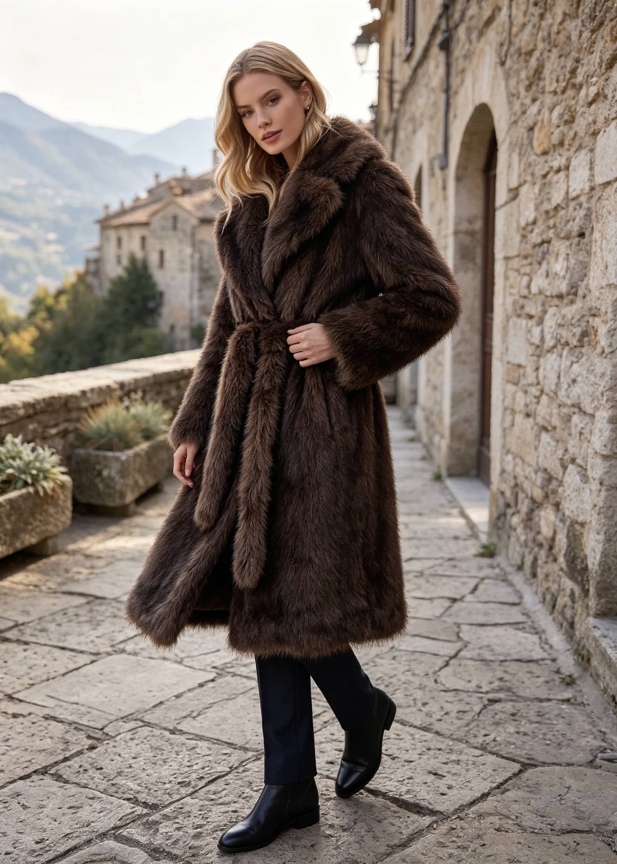 Side profile of an elegant woman modeling a dark brown plush longline faux fur belted coat outdoors.