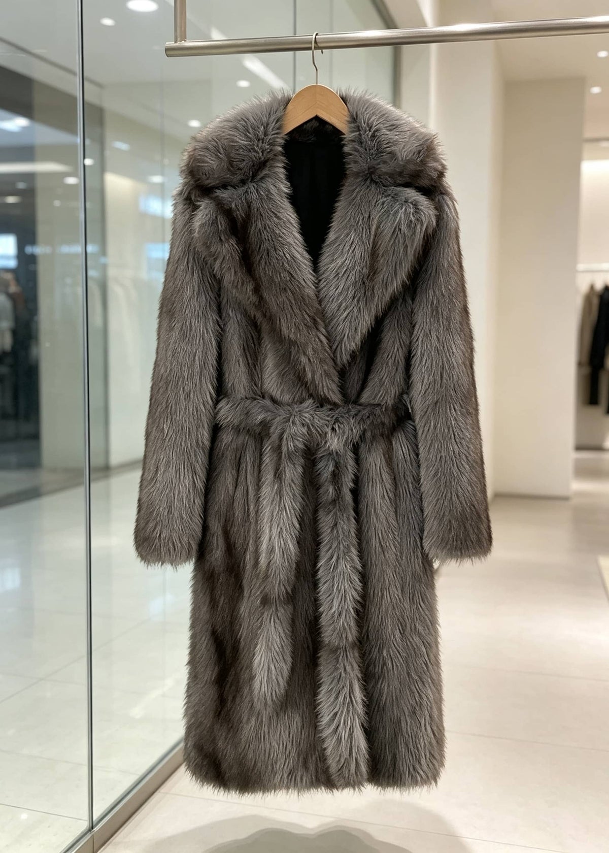 Ash grey faux fur longline wrap coat with tied waist sash hanging in a luxury clothing store.
