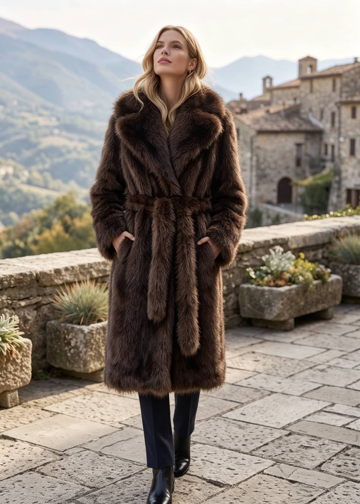 A woman wearing a luxurious dark brown fur coat with a matching belt stands on a stone terrace with mountains and a village in the background.