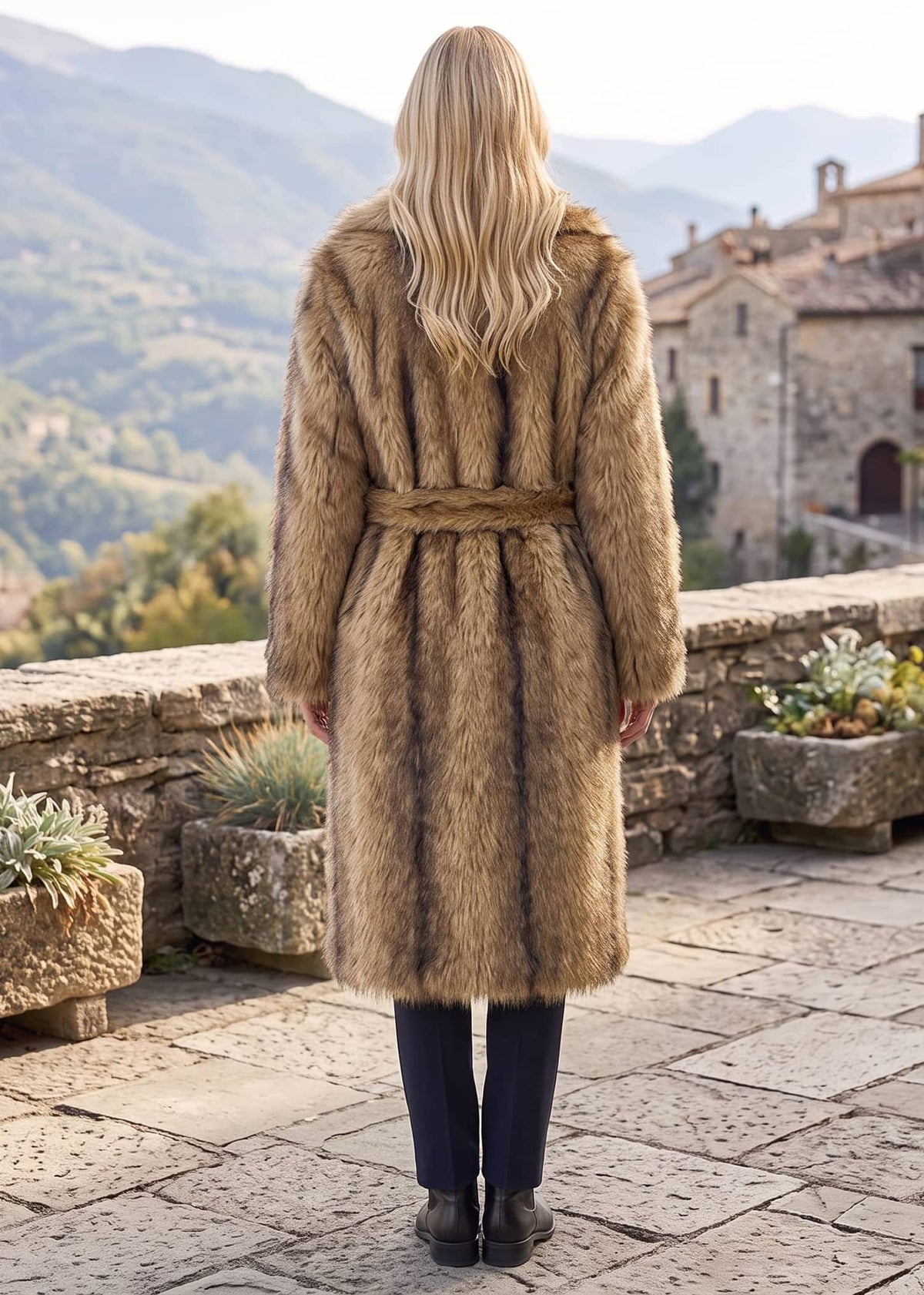 Back view of a woman wearing a camel brown belted faux fur longline wrap coat on an outdoor stone terrace.