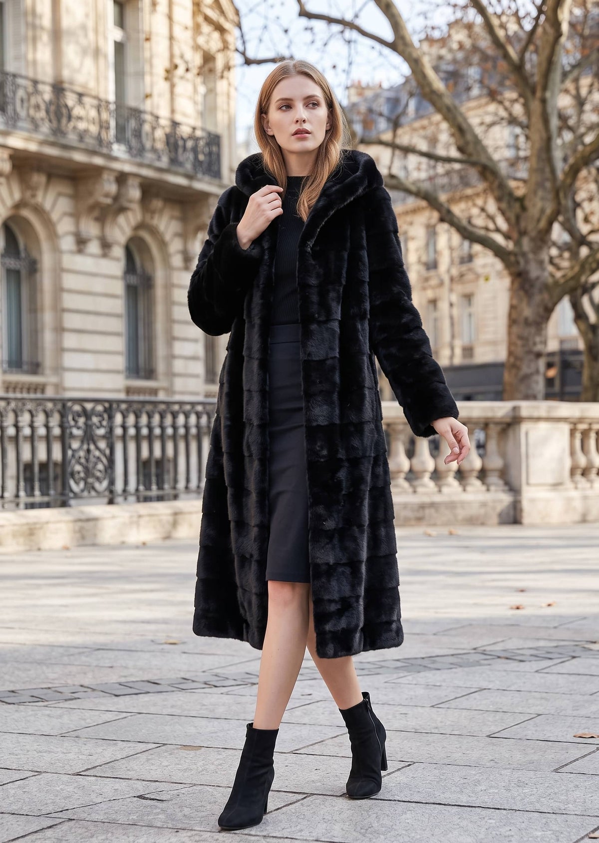 A woman stands outdoors on a stone plaza wearing a long black faux-fur coat over a black dress and black ankle boots, with a city building and trees in the background.