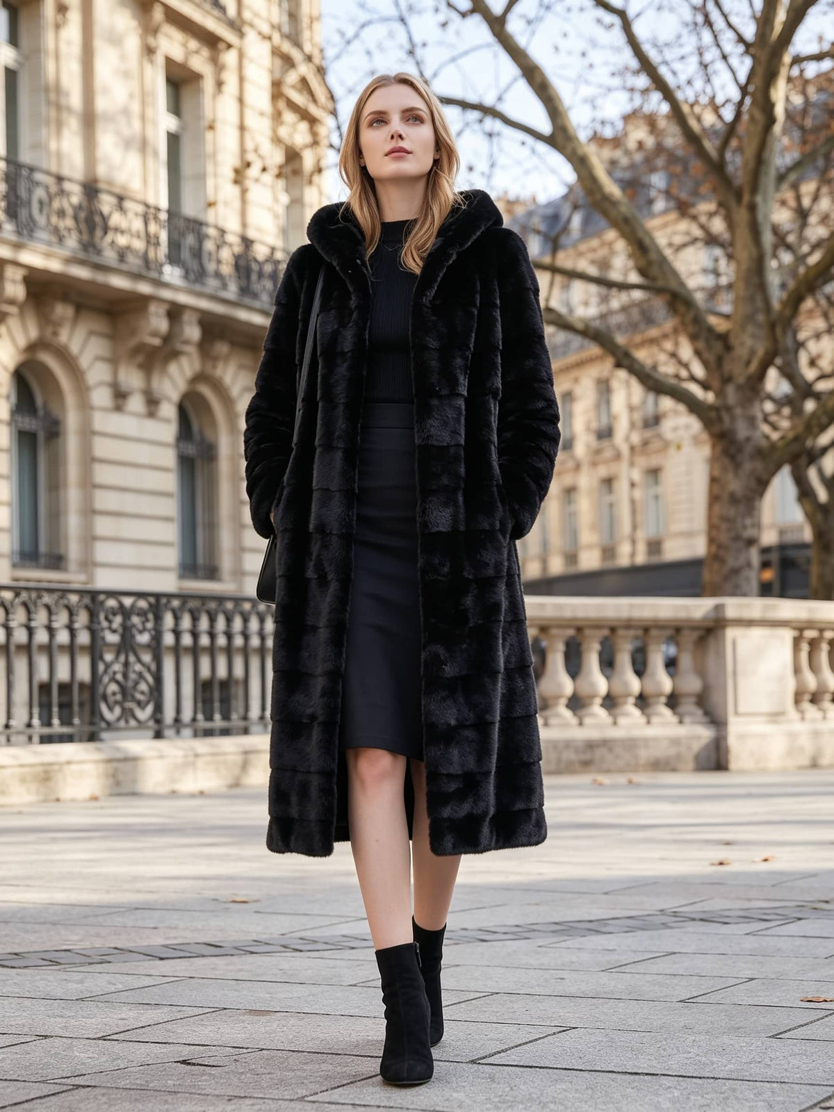 A woman stands outdoors on a stone plaza wearing a long black faux-fur coat over a black dress and black ankle boots, with a classical building and leafless trees in the background.