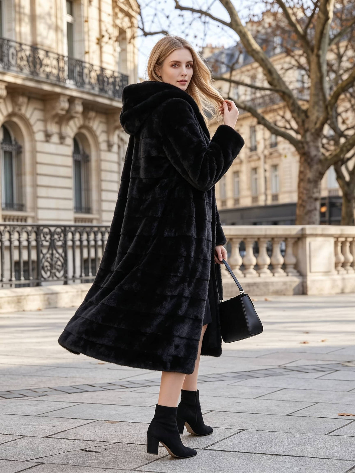 Street style fashion shot of a woman looking over her shoulder wearing a flared black tiered faux fur coat with a hood and holding a leather handbag.